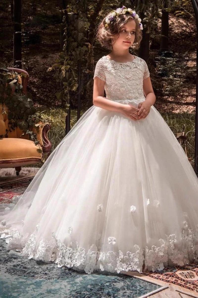 Tulle Ball Gown Round Neck Lace Short Sleeve Flower Girl Dresses 708119155653 - 10 Days / White / 2 - COCOMELODY